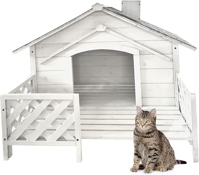 Critter Sitters 27'' Pet House with Porch, Weather-Resistant Dog House for Animals up to 44 Pounds, Waterproof Outdoor Dog House, Ideal for Cats, Dogs, and Rabbits, White Fir Wood Dog Houses
