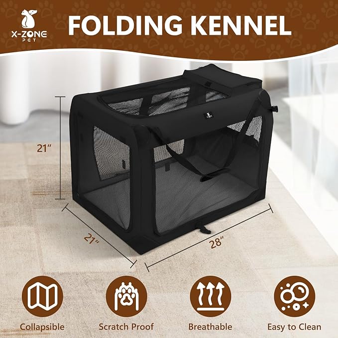 X-ZONE PET Dog Crate 3-Door Kennel, Collapsible Portable Soft Sided Pet Carriers for Indoor & Outdoor, Multiple (28-Inch, Carbon Black)