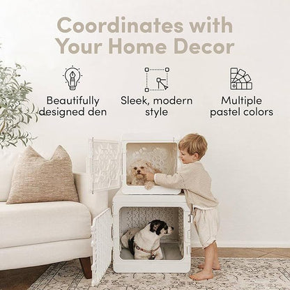 KindTail PAWD Collapsible Puppy and Dog Crate + Washable Bed - Stylish Pet Kennel with Comfortable Pad - Safe Indoor Set - Lightweight, Compact & Portable for Travel - Small White