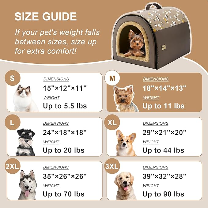 Jiupety Indoor Dog House, 2 in 1 Portable Foldable House Bed with Cover, Pet Tent & Cave Bed for Cats and Small Dogs, M(18"×14"×13"), Up to 11 Lb, Brown