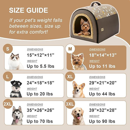 Jiupety Indoor Dog House, 2 in 1 Portable Foldable House Bed with Cover, Pet Tent & Cave Bed for Cats and Small Dogs, M(18"×14"×13"), Up to 11 Lb, Brown
