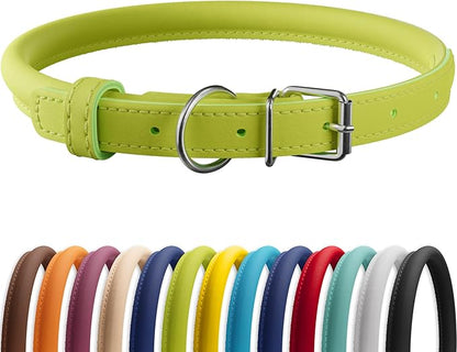 CollarDirect Rolled Leather Dog Collar, Soft Padded Round Puppy Collar, Handmade Genuine Leather Collar Dog Small Large Cat Collars 13 Colors (6 Inch, Lime Green Smooth)