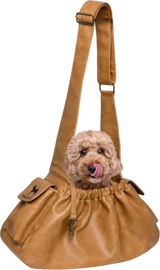 Noah & Paw Dog Sling Carrier for Small Dogs 5-18lb, Dog Sling for Small Dogs and Cats, Dog Carrier with Adjustable Padded Strap, Vegan Leather Lined with Fur, Double Safety Feature, Machine Washable