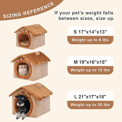 JIUPETY Cute Cat Beds for Indoor Cats, Foldable Cat House with Non-Slip Bottom, S Size Kitten Bed Up to 8 Lbs Kitty, Brown