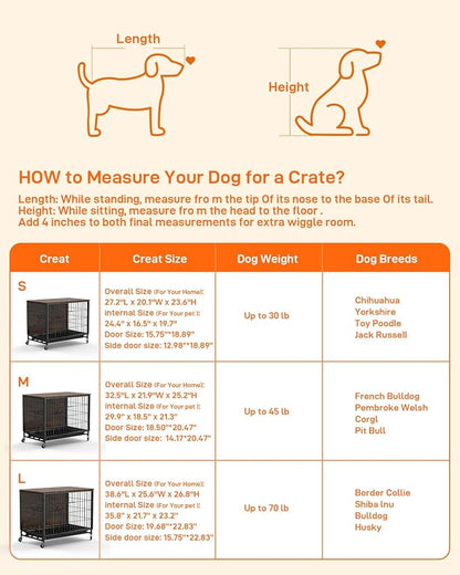 Dog Crate Furniture, Dog Kennel Indoor Double Doors Wooden Dog Cage, 27'' Dog Crate with Pull-Out Tray & Removable Wheels, Decorative End Table Pet House Chew-Resistant for Small Dog, Rustic Brown