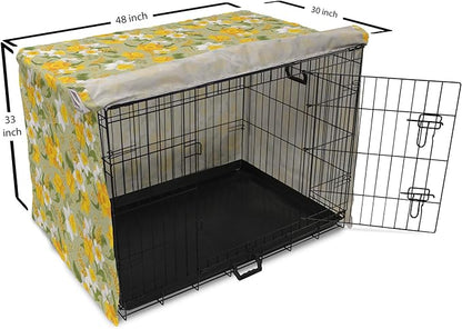 Lunarable Daffodil Dog Crate Cover, Vintage Inspirations Floral Arrangement Pattern Romantic Bouquet Nature, Easy to Use Pet Kennel Cover for Medium Large Dogs, 48 Inch, Green Marigold White