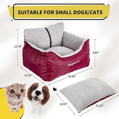 BurgeonNest Dog Car Seat for Small Dogs, Fully Detachable and Washable Carseats Under 25, Soft Booster Seats with Storage Pockets Clip-On Leash Portable Travel Carrier Bed Red (dbs-r)