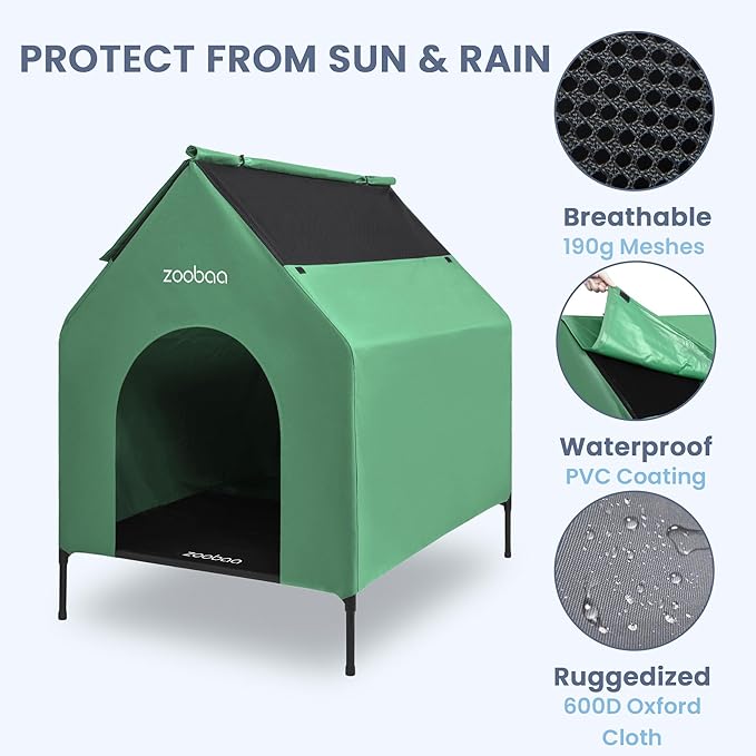 29" 2-in-1 Dog House for Medium Dogs, Elevted Dog House Outdoor/Indoor, Puppy Shelter Outside,Water Resistant 600D PVC and Durable 2x1 Textilene Raised Dog Bed(Green)