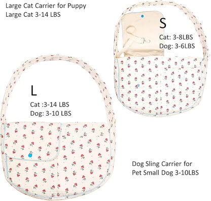 Flower Pet Sling Carrier for Small Dogs and Cats, Breathable Cotton Cats Carrier Purse，Floral Print Puppy Carrier Bag 3-10 Lbs, Hand Free Travel Chest Dog Purse, Gifts for Dog Mom Girls（White, Small