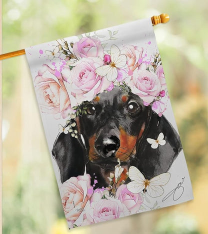 Breeze Decor Dachshund Floral House Flag Set Dog Puppy Spoiled Paw Canine Fur Pet Nature Farm Animal Creature Decoration Banner Small Garden Yard Gift Double-Sided, Made in USA
