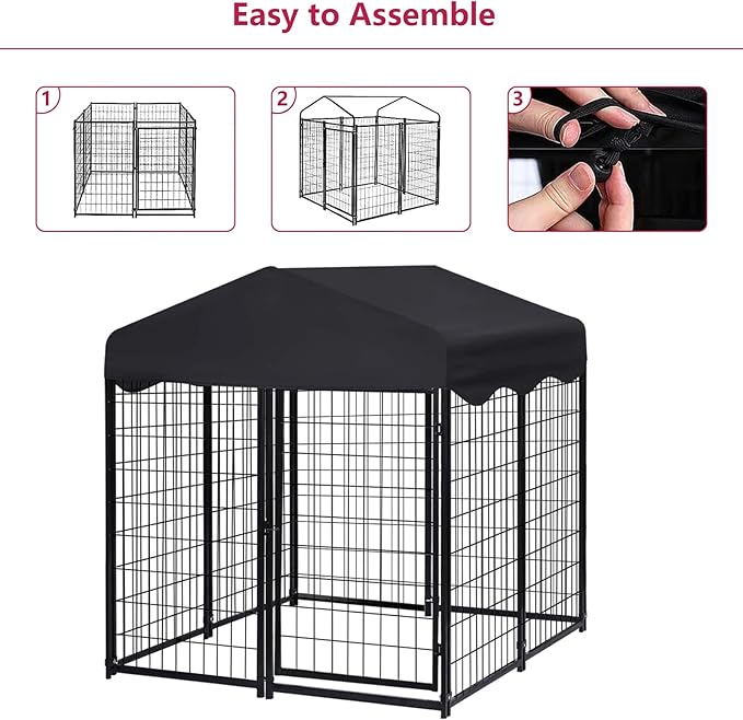 Heavy Duty Outdoor Dog House - Large Kennel with Roof, 4'L x 4'W x 4.5'H - Black Dog Crate with Cover, 2 Set