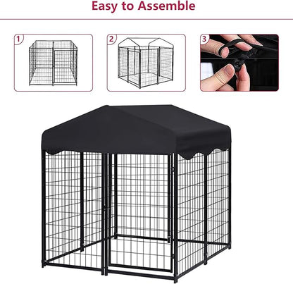 Heavy Duty Outdoor Dog House - Large Kennel with Roof, 4'L x 4'W x 4.5'H - Black Dog Crate with Cover, 2 Set