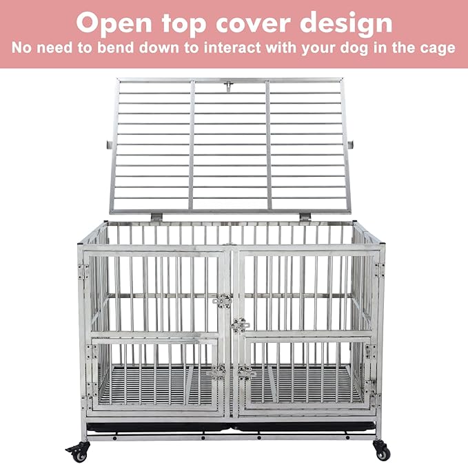 42" Heavy Duty Dog Crate Cage Kennel with Wheels, Full Stainless Steel High Anxiety Indestructible Dog Crate, Sturdy Locks Design, Double Door Small Door Design & Removable Tray Design (Silver)