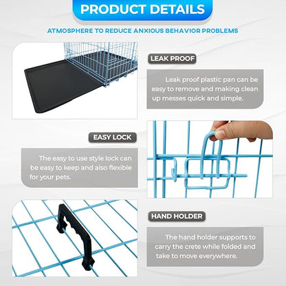 FDW Dog Crate for Large Dogs 48 Inch Folding Metal WirePet Cage Double Door W/Divider Panel Indoor Outdoor Kennel Leak-Proof Plastic Tray,Blue