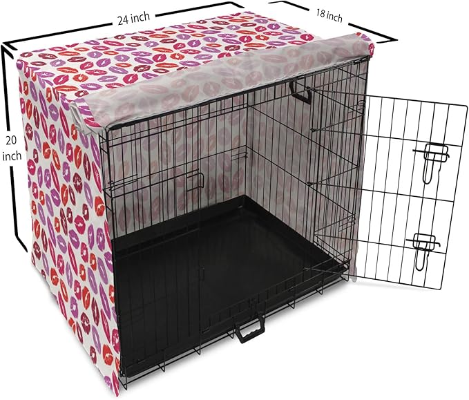 Lunarable Kiss Dog Crate Cover, Fun Colorful Design Lipsticks Kisses Fashion Illustration Print Artwork, Easy to Use Pet Kennel Cover for Medium Large Dogs, 24 Inch, Fuchsia and Raspberry