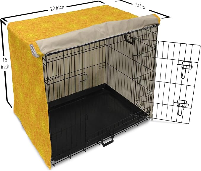 Lunarable Yellow Mandala Dog Crate Cover, Vibrant Colored Abstract Lotus Flowers Native Art Warm Sun Inspired, Easy to Use Pet Kennel Cover for Small Dogs Puppies Kittens, 22 Inch, Yellow Orange