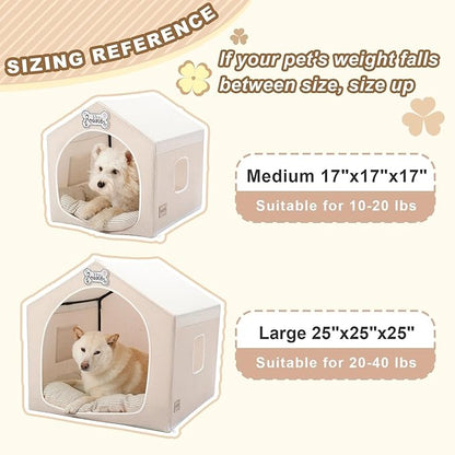 Jiupety Indoor Dog House with Frame, Cute Dog Tent Bed with Cover Cave, Breathable, Washable, and Foldable House, Suitable for 20-40 Lb, Large (25"×25"×25"), Beige