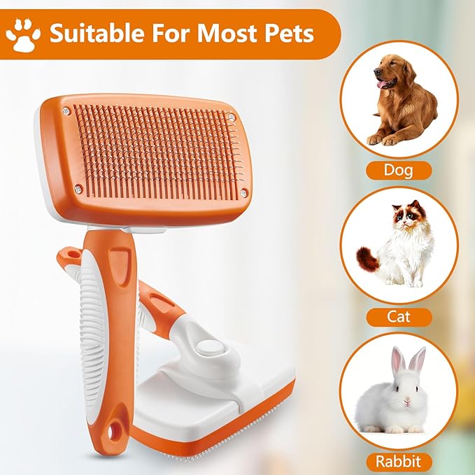 Self-Cleaning Slicker Brush for Dogs and Cats - Removes Loose Hair and Pet Fur (Large, Orange)