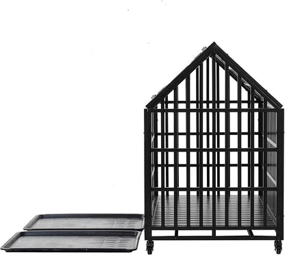 52" Heavy Duty Dog Crate,Metal Pet Cage Roof Strong Playpen with Sturdy Latches and Lockable Wheels,Large Kennel W/Removable Trays for Large Dogs,Black
