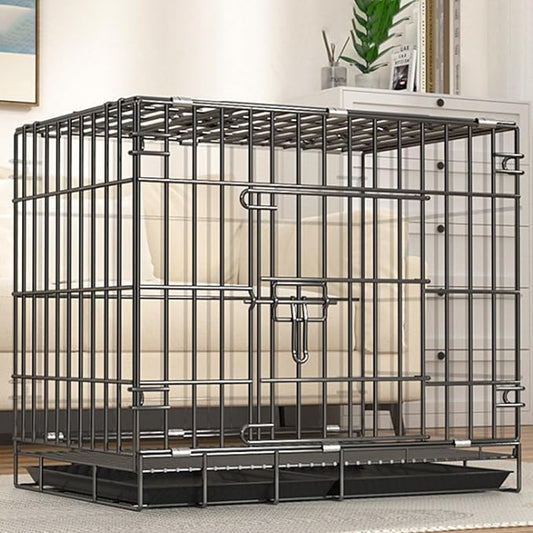 Heavy-Duty Steel Dog Crate, 27.6"x20.2"x23" Foldable Kennel with Secure Lock & Removable Tray, Grey Indoor Pet Cage