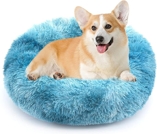 NOYAL Calming Donut Dog Bed for Small to Medium Dogs & Cats - Plush Faux Fur Anti-Anxiety Pet Bed with Machine Washable Cover & Non-Slip Base