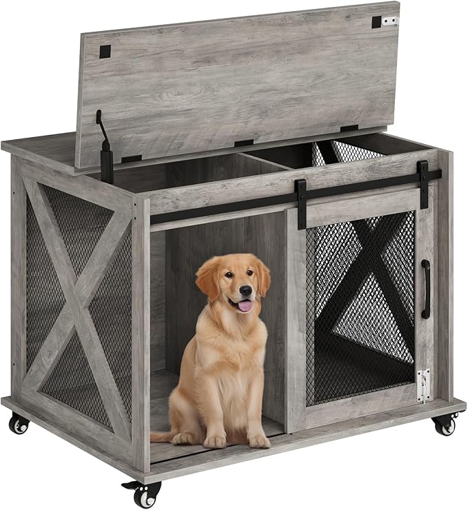Dog Crate Furniture with Sliding Barn Door,Flip Top Furniture Style Dog Crate End Table with Wheels,Indoor Dog Kennel Furniture with Removable Divider,Dog House,Grey