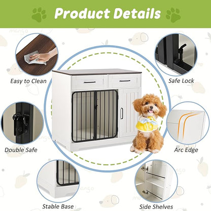 Ball & Cast 37.4" 2-in-1 Dog Crate Furniture,Modern Indoor Kennel with 2 Drawers&Storage Shelves,Double Doors&Double Locks Design for 26-40 lbs Dogs,Living Room,Kitchen,Entryway Side Table,White