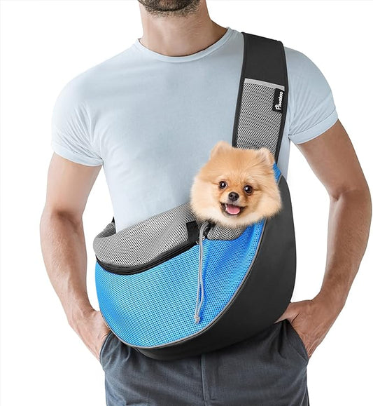Pawaboo Pet Dog Sling Carrier, Hand Free Drawstring Dog Papoose with Adjustable Strap, Breathable Mesh Bag for Puppy Cat, Crossbody Satchel Dog Purse with Pocket for Outdoor Travel, Light Blue, Large
