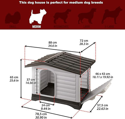 Ferplast Dog Villa Medium Indoor and Outdoor Dog House, Measures 35.04L x 25.4W x 28.5H Inches, Ventilated with Patented Fold-Out Porch, Cream with Dark Brown Bottom, Part # 87255099