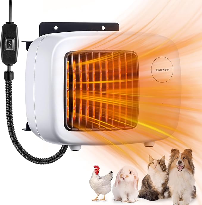 Dreyoo Dog House Heater with Thermostat, Pet House Heater with 6FT Anti Chew Cord and Safe Overheat Protection, 2 Heating Mode (200/400W) Pet House Furnace for Dogs Chicken Coops Rabbits(White,1 Pcs)