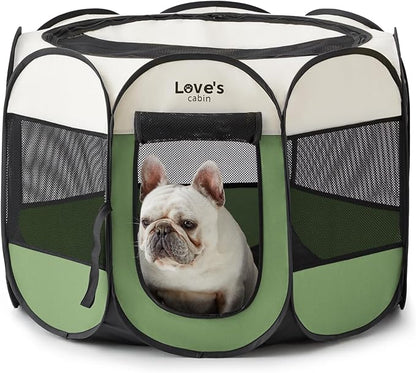Love's cabin Pet Puppy Dog Playpen, Small Dog Tent Crates Cage Indoor/Outdoor, Portable Playpen for Cat, Foldable Pop Up Dog Kennel Playpen with Carring Case, Removable Zipper Top, Olive Green