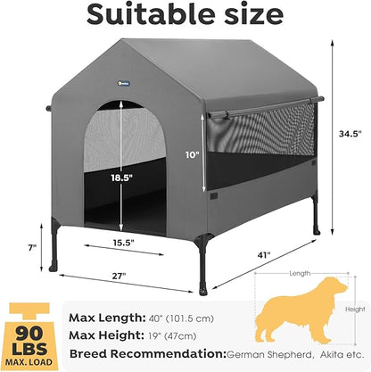 Veehoo 41" Dog House, 2-in-1 Large Dog House Outdoor Indoor Weatherproof, Outside Elevated Dog Cot Bed Dog Tent Shade, Three-Sided Breathable Mesh Windows and Sunshades, CWC2435CP
