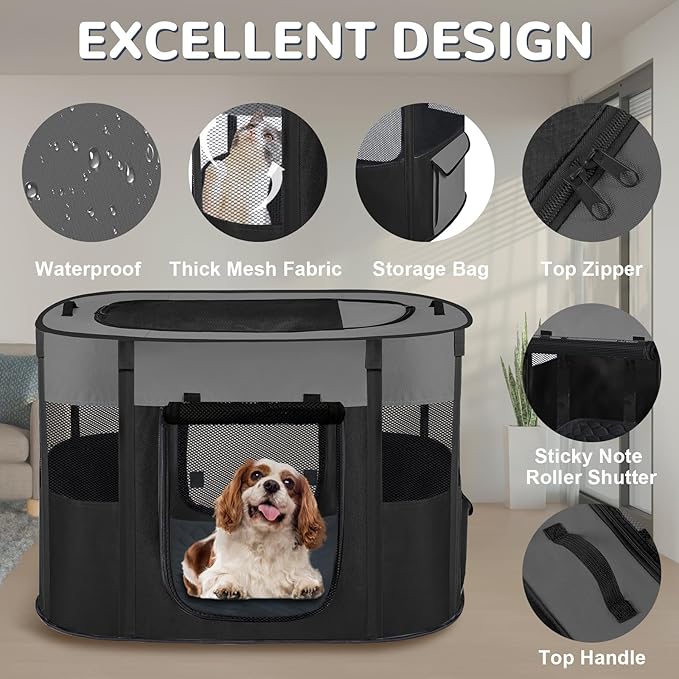 Pet Dog Cat Playpen Tent,Foldable Cat Cage Kennel,Portable Collapsible Puppy Crate for Indoor Outdoor Travel Camping Use with Washable Pad,Water-Resistant Breathable Shade Cover Grey M