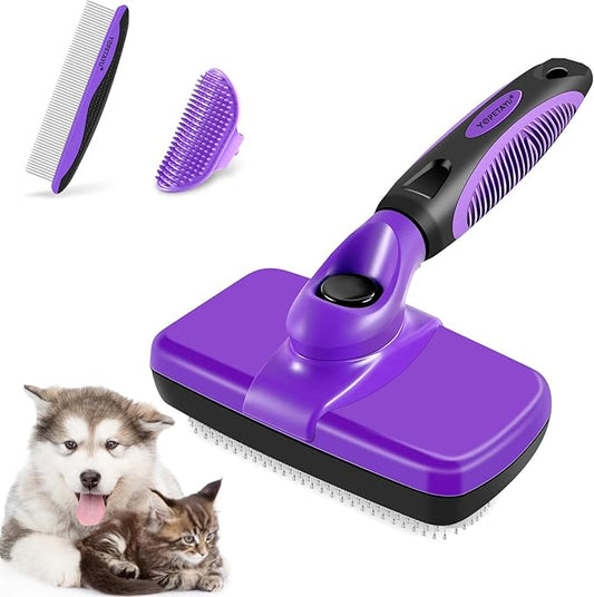 Dog Brush Kit – 3-in-1 Grooming Set with Self-Cleaning Slicker Brush for Small, Medium & Large Dogs & Cats, Suitable for Short & Long Haired Pets, Reduces Shedding, Tangles, Mats & Knots