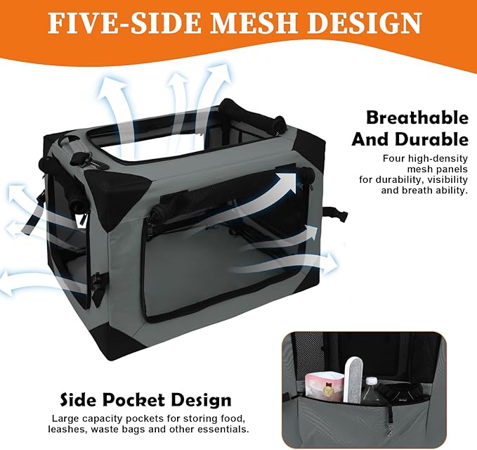 Wdmiya Dog Crates for Medium & Large Dogs, Portable Travel Dog Crate with Chew Proof Mesh, Soft Collapsible Dog Crate with Absorbent Dog Pad, Car Dog Kennel Indoor & Outdoor 4-Door (Grey, l)