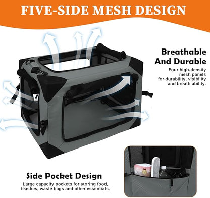 Wdmiya Dog Crates for Medium & Large Dogs, Portable Travel Dog Crate with Chew Proof Mesh, Soft Collapsible Dog Crate with Absorbent Dog Pad, Car Dog Kennel Indoor & Outdoor 4-Door (Grey, l)