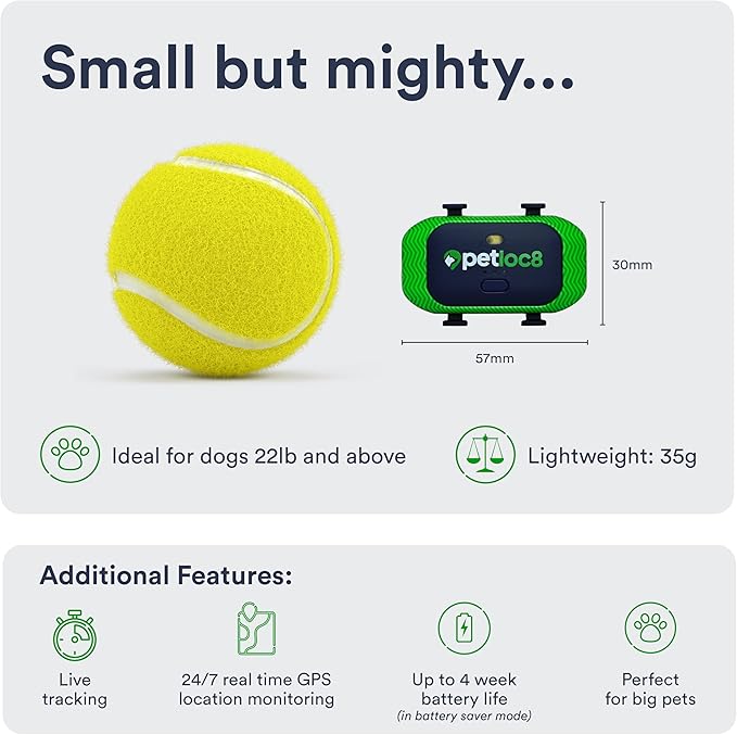 GPS Pet Tracker for Dogs by Petloc8 - Dog Tracker Fits on Your Pets Collar, Waterproof, Smart App Controllable Geofencing and Pet Location History - 3 Months Prepaid Subscription Included
