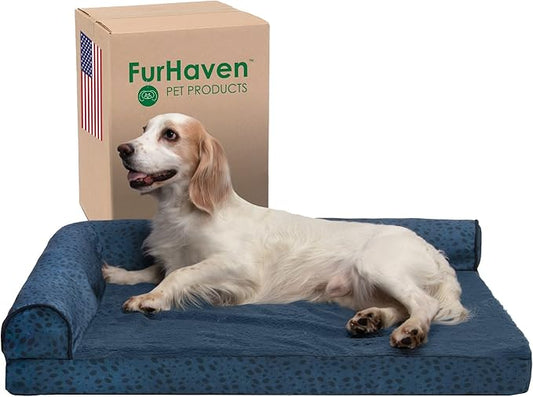 Furhaven Memory Foam Dog Bed for Large/Medium Dogs w/ Removable Bolsters & Washable Cover, For Dogs Up to 55 lbs - Plush & Almond Print L Shaped Chaise - Blue Almonds, Large