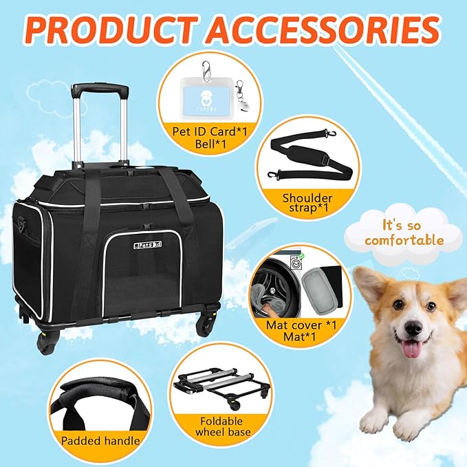 Petskd Top-Expandable Pet Carrier with Wheels 18x13x9.5 Inches Southwest Allegiant Airline Approved, Soft-Sided Carrier for Small Cats Dogs with Locking Safety Zippers and Anti-Scratch Mesh(Black)