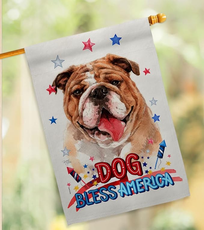 Breeze Decor Patriotic Bulldog House Flag Pack Dog Puppy Spoiled Paw Canine Fur Pet Nature Farm Animal Creature Applique Decoration Banner Small Garden Yard Gift Double-Sided, Made in USA
