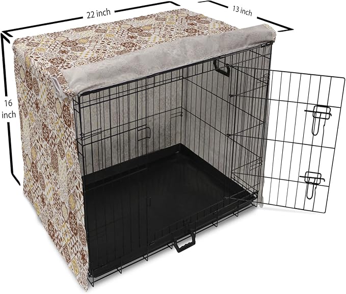 Lunarable Ethnic Dog Crate Cover, Portuguese Azulejo Mosaics with Floral Scrolls Retro Mediterranean, Easy to Use Pet Kennel Cover for Small Dogs Puppies Kittens, 22 Inch, Chocolate Earth Yellow