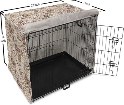 Lunarable Ethnic Dog Crate Cover, Portuguese Azulejo Mosaics with Floral Scrolls Retro Mediterranean, Easy to Use Pet Kennel Cover for Small Dogs Puppies Kittens, 22 Inch, Chocolate Earth Yellow