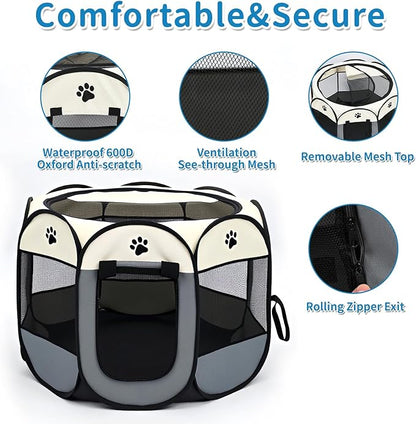 Dog Play Pen Portable Cat House Easy Assemble Pet Indoor/Outdoor Security Cage Brown-L