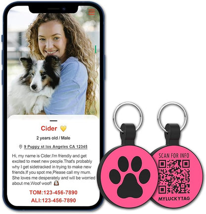 MYLUCKYTAG Silent Silicone QR Code Pet ID Tags Dog Tags - Pet Online Profile - Scan QR Receive Instant Pet Location Alert Email