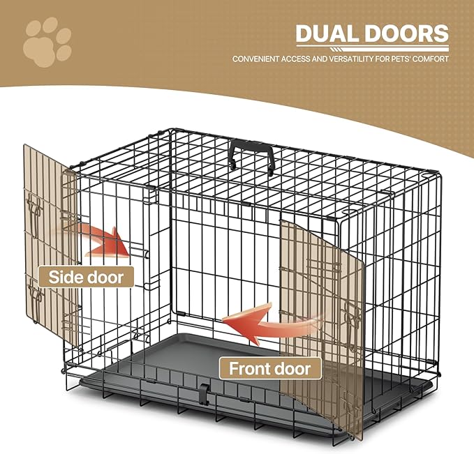 MoNiBloom 24/30/36/42/48 Dog Crates, Foldable Metal Wire Dog Cage with Double-Door, Outdoor Indoor Pet Kennels, Includes Leak-Proof Pan, Divider Panel, Black, 30"
