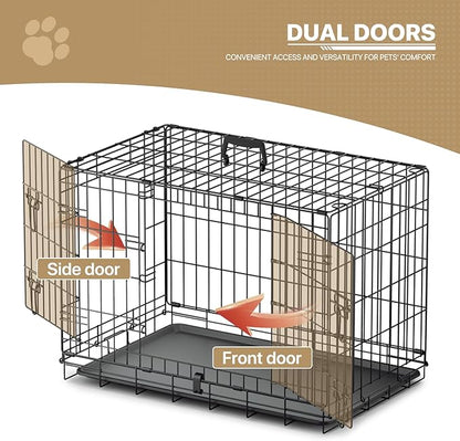 MoNiBloom 24/30/36/42/48 Dog Crates, Foldable Metal Wire Dog Cage with Double-Door, Outdoor Indoor Pet Kennels, Includes Leak-Proof Pan, Divider Panel, Black, 30"