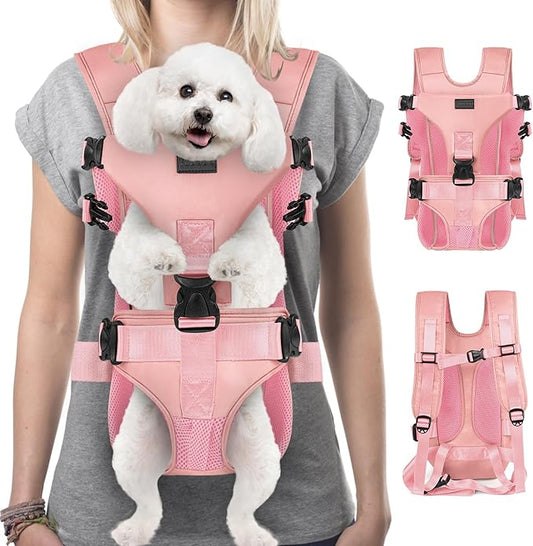 YUDODO Dog Backpack Carrier with Adjustable Safety Buckle Easy-fit Pet Dog Front Carrier for Small Medium Dog Legs Out Dog Chest Carrier for Traveling Walking Cycling (Medium, Pink)