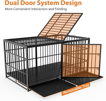 Rovibek 61 Inch Heavy Duty Dog Crate, Indestructible Dog Crate, High Anxiety Steel Dog Crates, Indoor Escape Proof Dogs Crate with Tray, Double Door Impact Dog Crates for Large Dogs