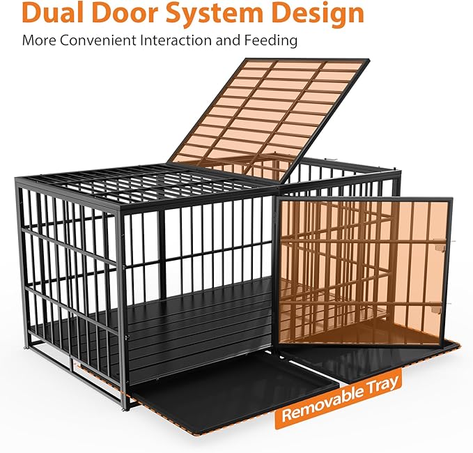 Rovibek 61 Inch Heavy Duty Dog Crate, Indestructible Dog Crate, High Anxiety Steel Dog Crates, Indoor Escape Proof Dogs Crate with Tray, Double Door Impact Dog Crates for Large Dogs