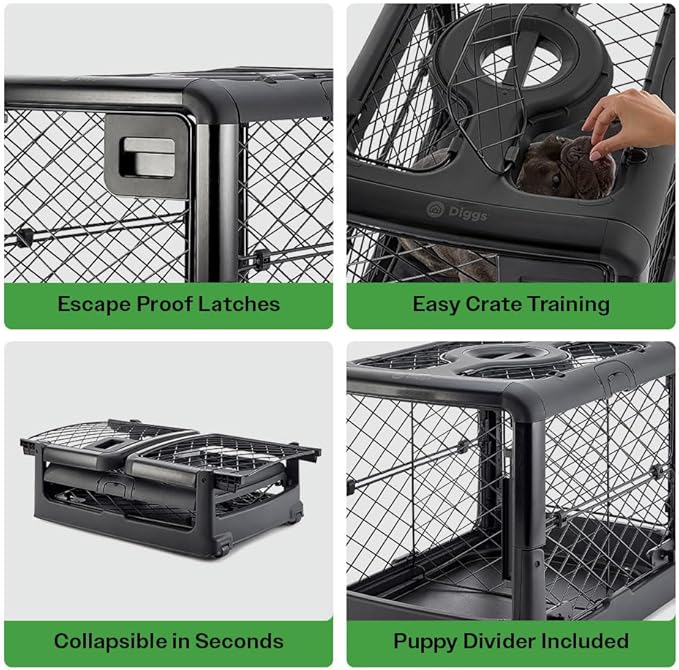Diggs Revol Dog Crate, Charcoal, Collapsible, Portable, Easy To Clean, Durable, Secure, Puppy Divider
